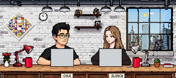 Pixel-art scene: Cole and Ilinca at their desk in a brick-walled office, Midtown Manhattan in the window.